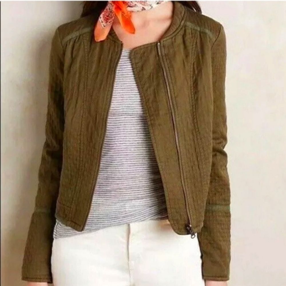 Anthropologie Olive Green Quilted Zip-Front Jacket